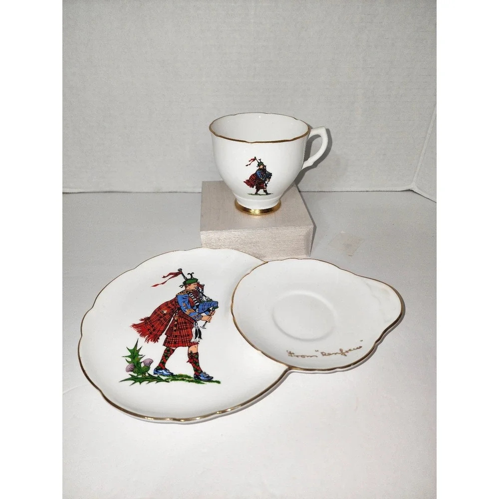 Unmarked Bone China Teacup and Hostess Plate Set Bruce Clan Tartan Collectible